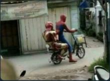 Iron Man hitching a ride with Spidey
